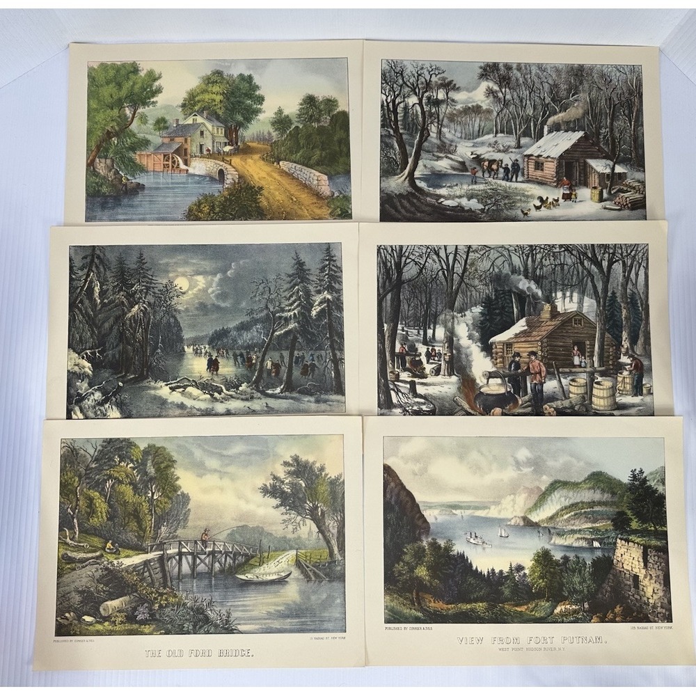 Vintage Six Currier & Ives Set Prints in Folder Daily Life Scene